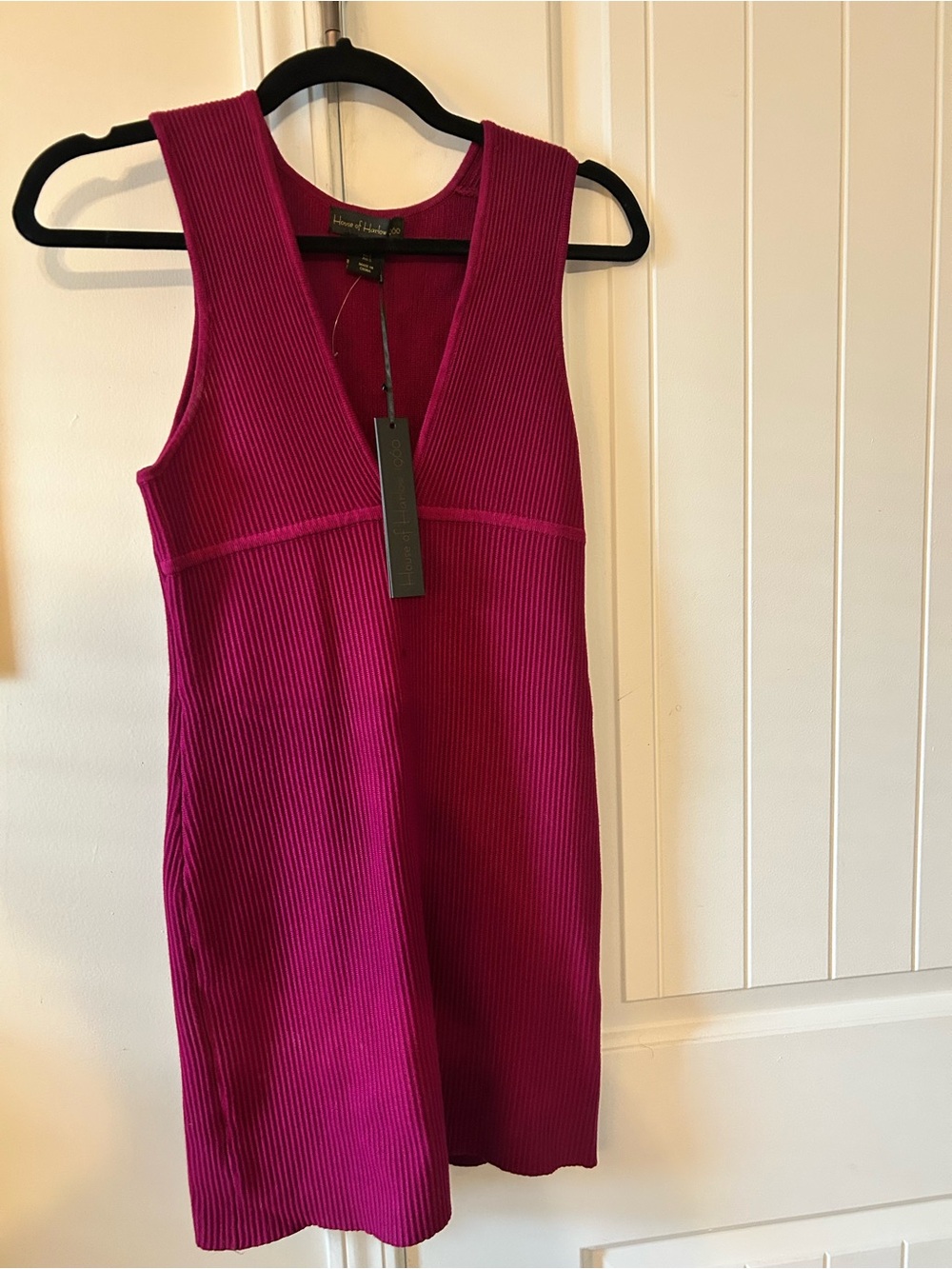 House of Harlow Ribbed V-Neck Mini Dress in Fuchsia Pink